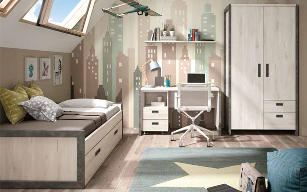 Dormitorio-juveni-Muebles-Botas-Cama-nido-color-azahar-cemento