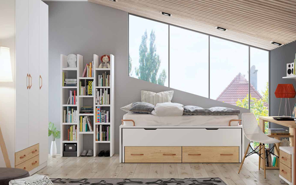 Dormitorio-juvenil-Muebles-Botas-Compacto-forma-con-desplazable+2-cajones-blanco-bambu