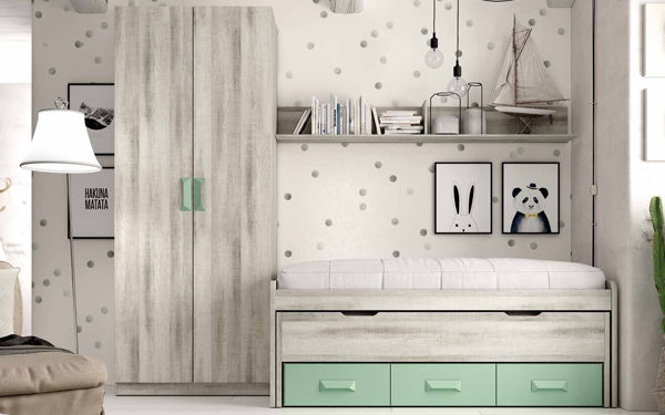 Dormitorio-juvenil-Muebles-Botas-Compacto-forma-con-desplazable+3-cajones-coral-musgo